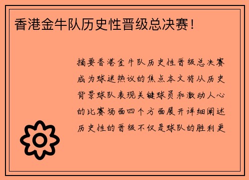 香港金牛队历史性晋级总决赛！